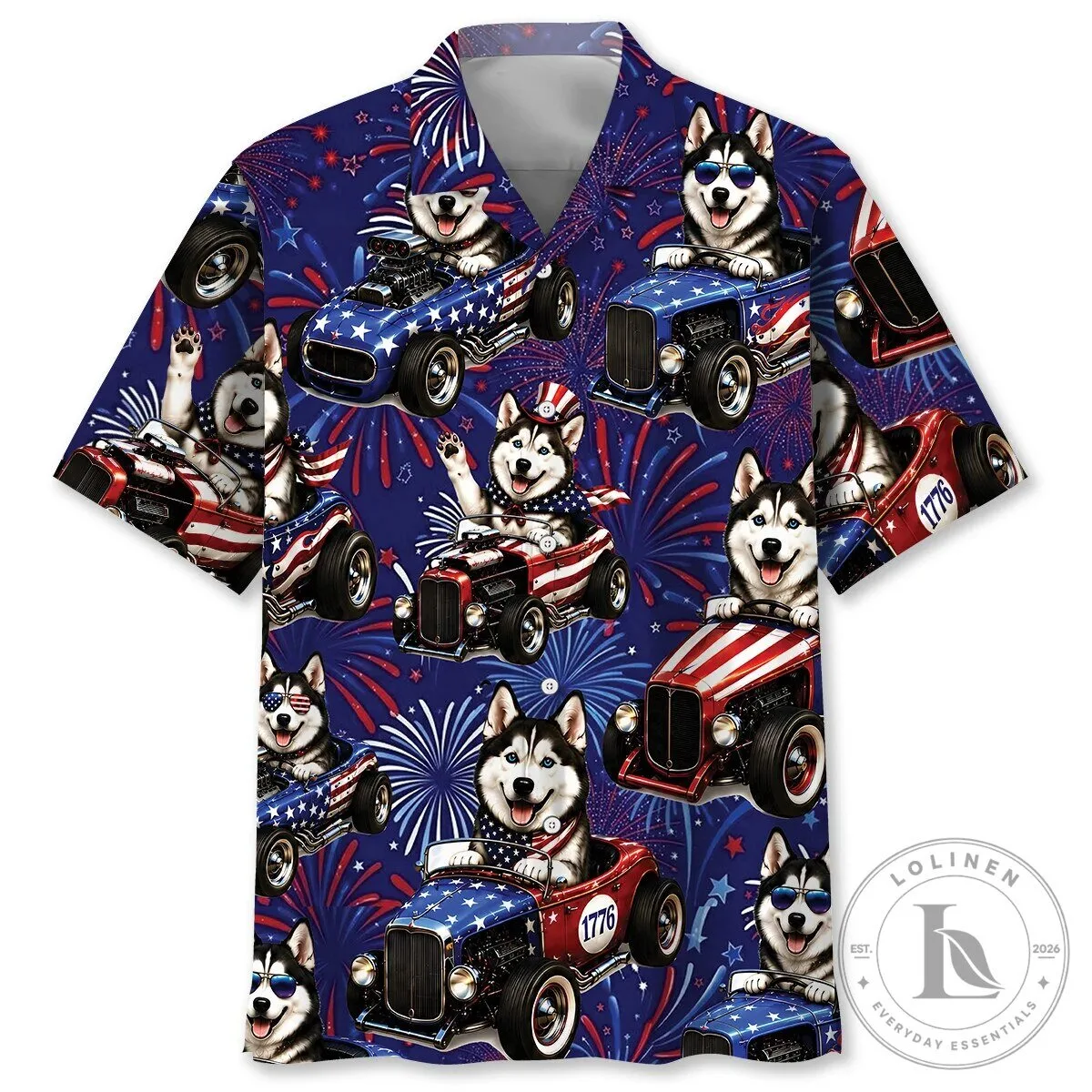 Funny Husky Dog Hot Rod Fourth of July Hawaiian Shirt