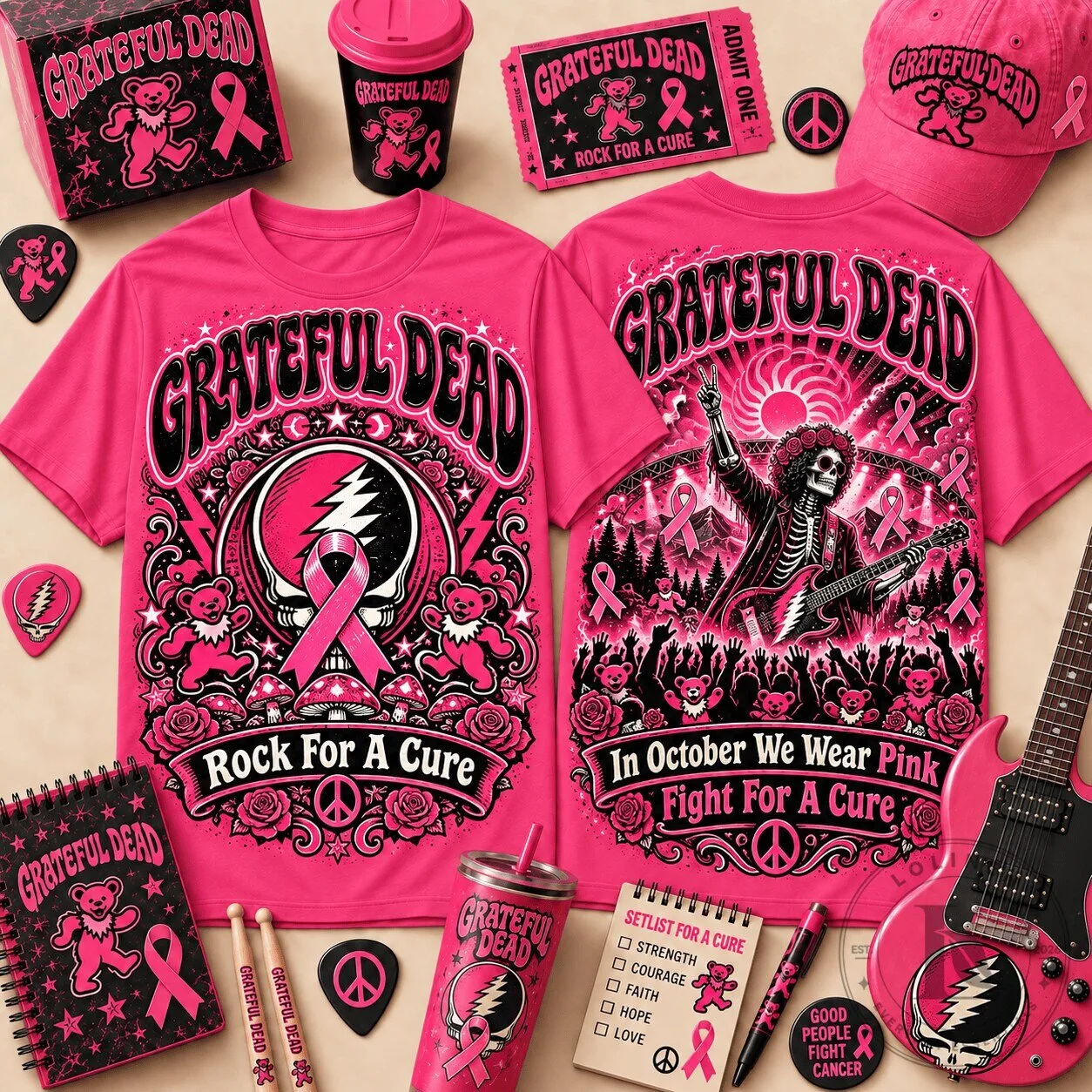 Grateful Dead Pink Ribbon Dancing Bears Rock For A Cure T-Shirt